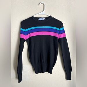 Meister Classic Black Crewneck Sweater with Colorful Stripes SEE PHOTOS